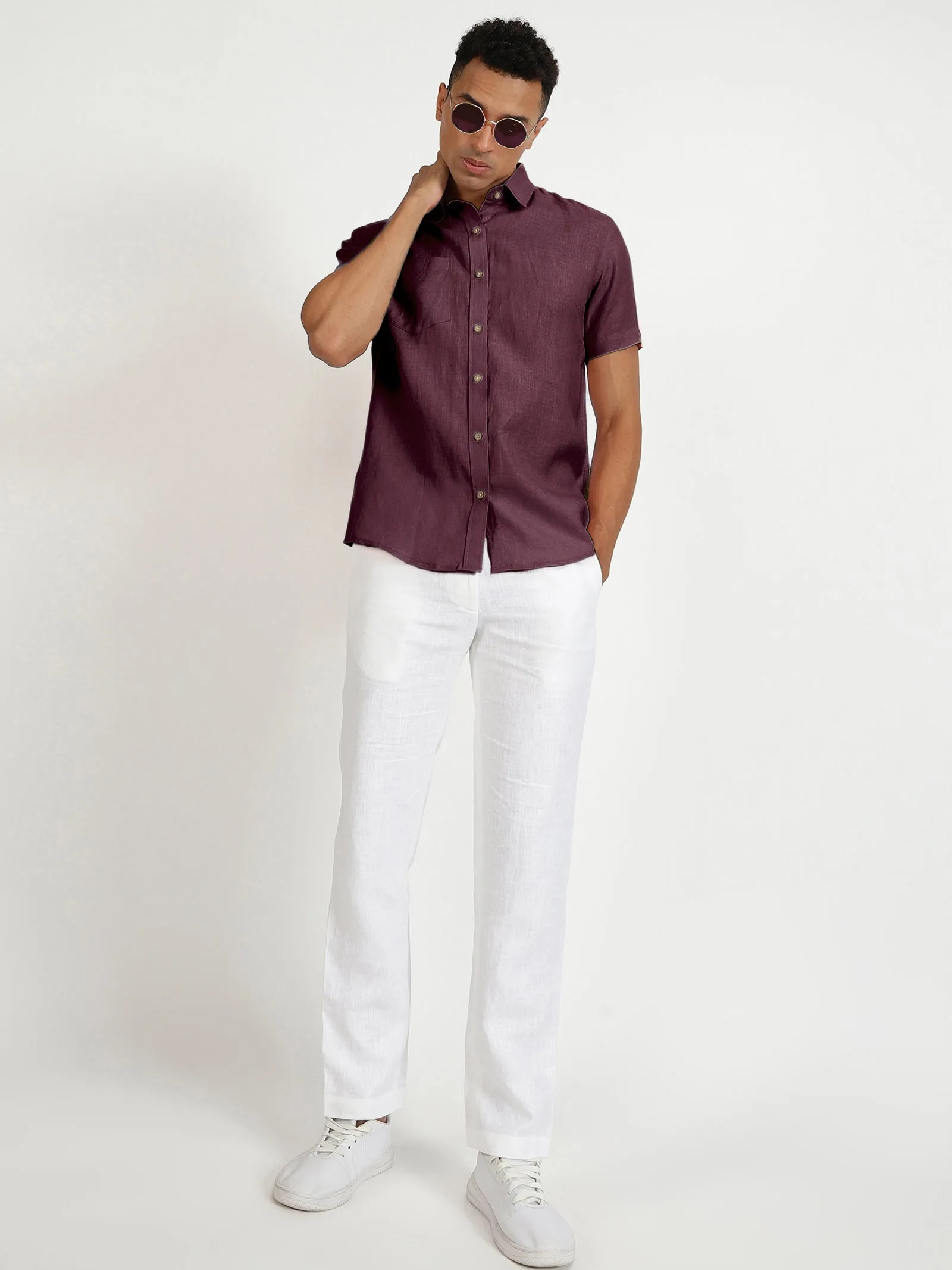 Harvey - Pure Linen Half Sleeve Shirt - Dark Purple (Factory Rescue)