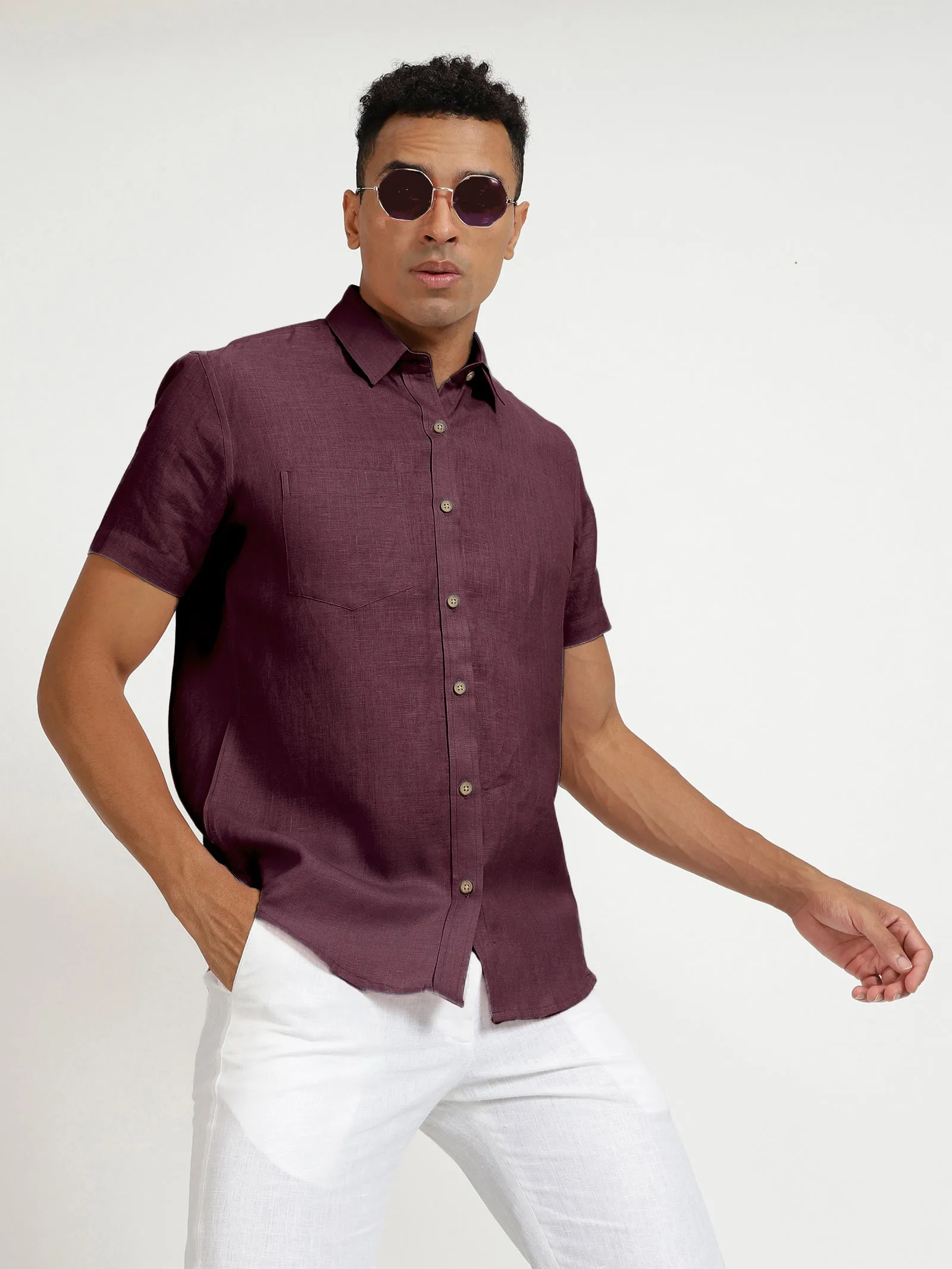 Harvey - Pure Linen Half Sleeve Shirt - Dark Purple (Factory Rescue)