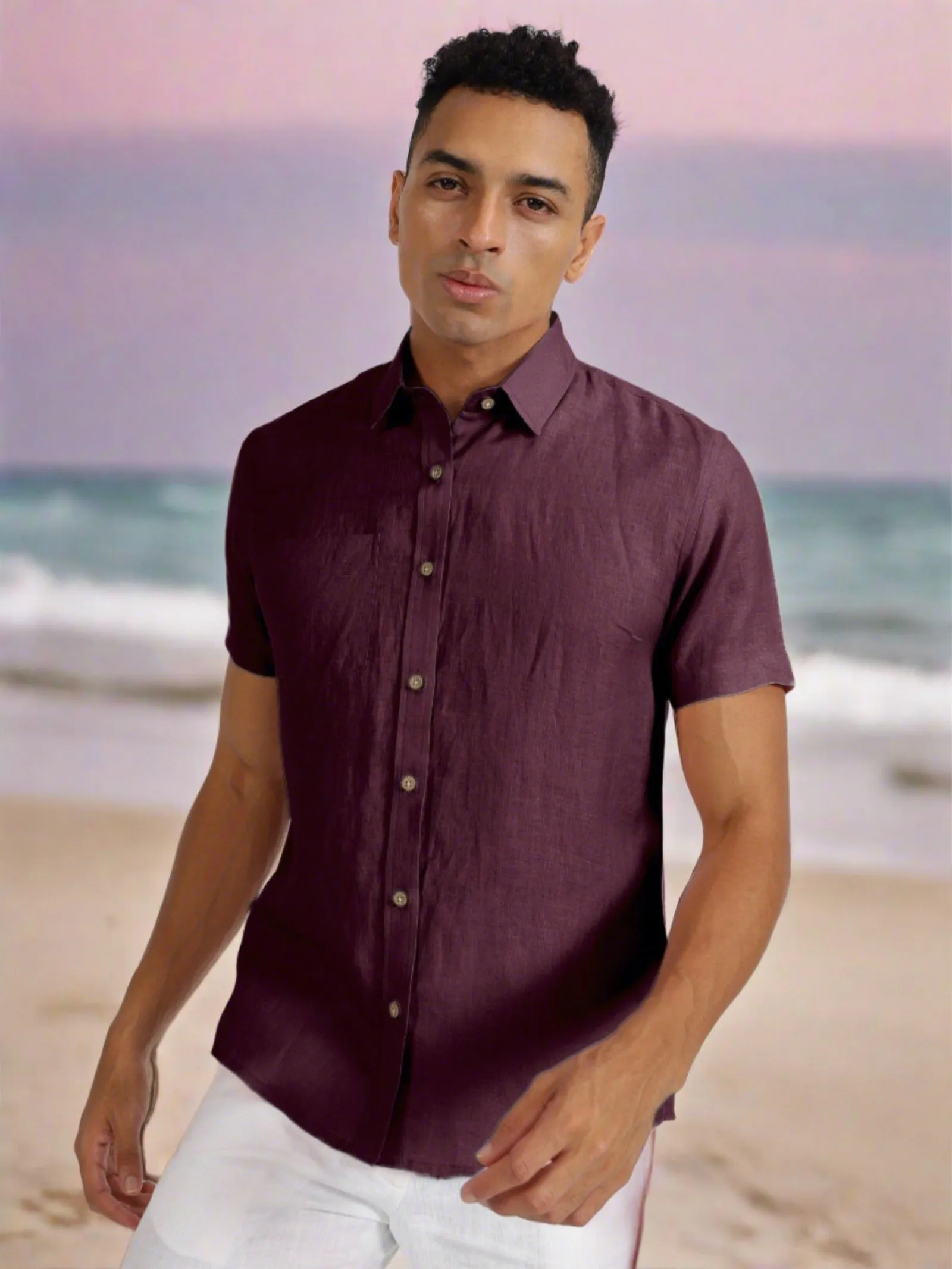 Harvey - Pure Linen Half Sleeve Shirt - Dark Purple (Factory Rescue)