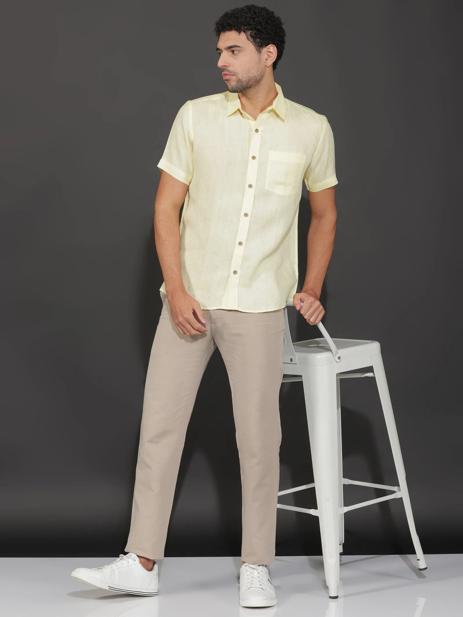 Harvey - Pure Linen Half Sleeve Shirt - Light Yellow (Factory Rescue)