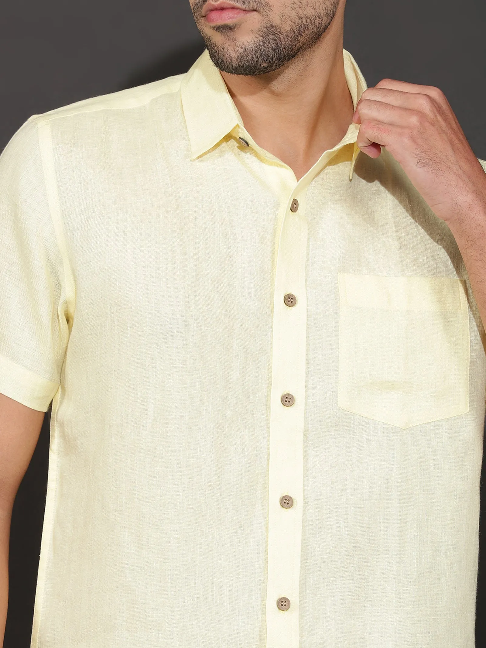 Harvey - Pure Linen Half Sleeve Shirt - Light Yellow (Factory Rescue)