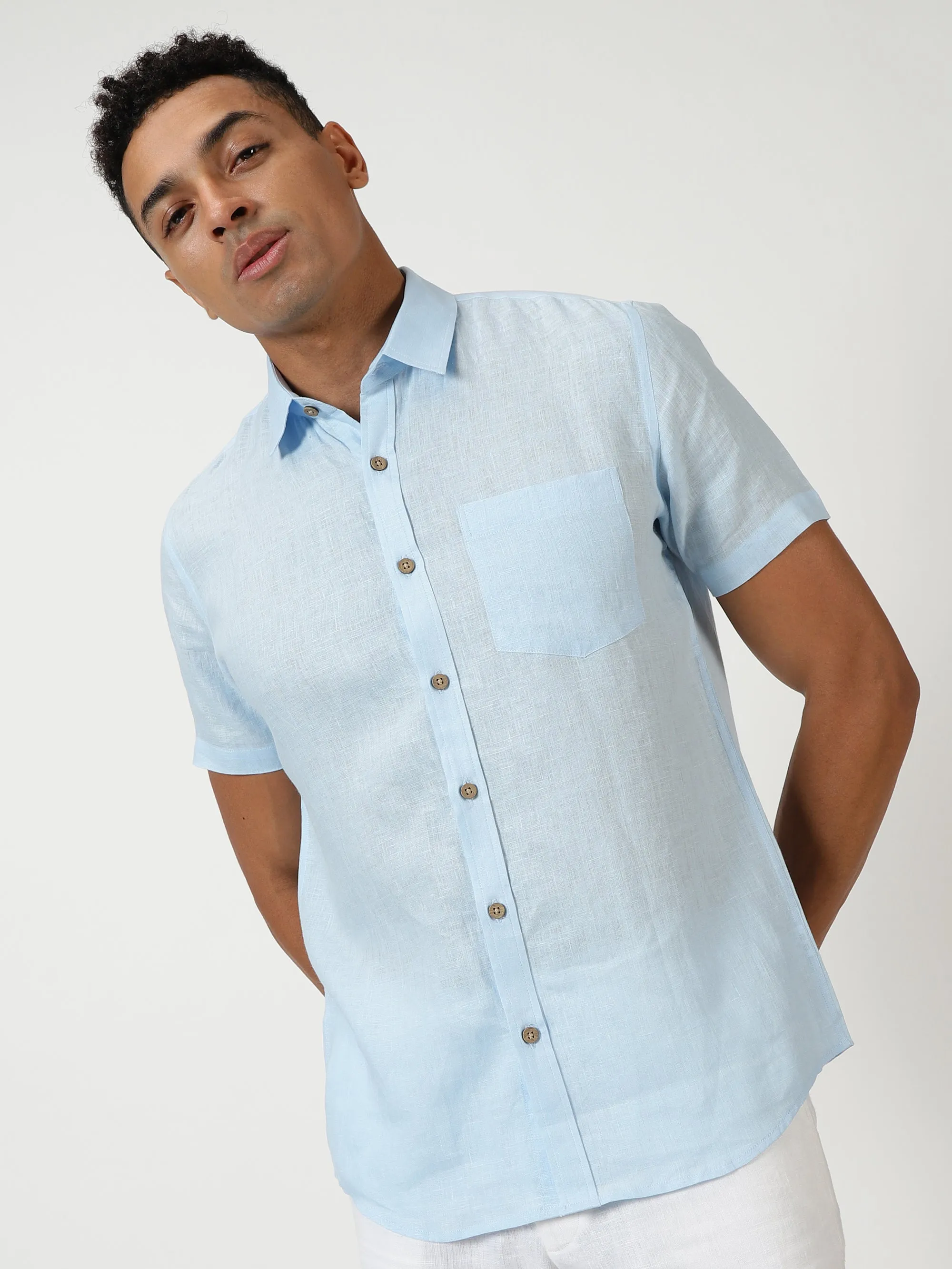 Harvey - Pure Linen Half Sleeve Shirt - Sky Blue (Factory Rescue)