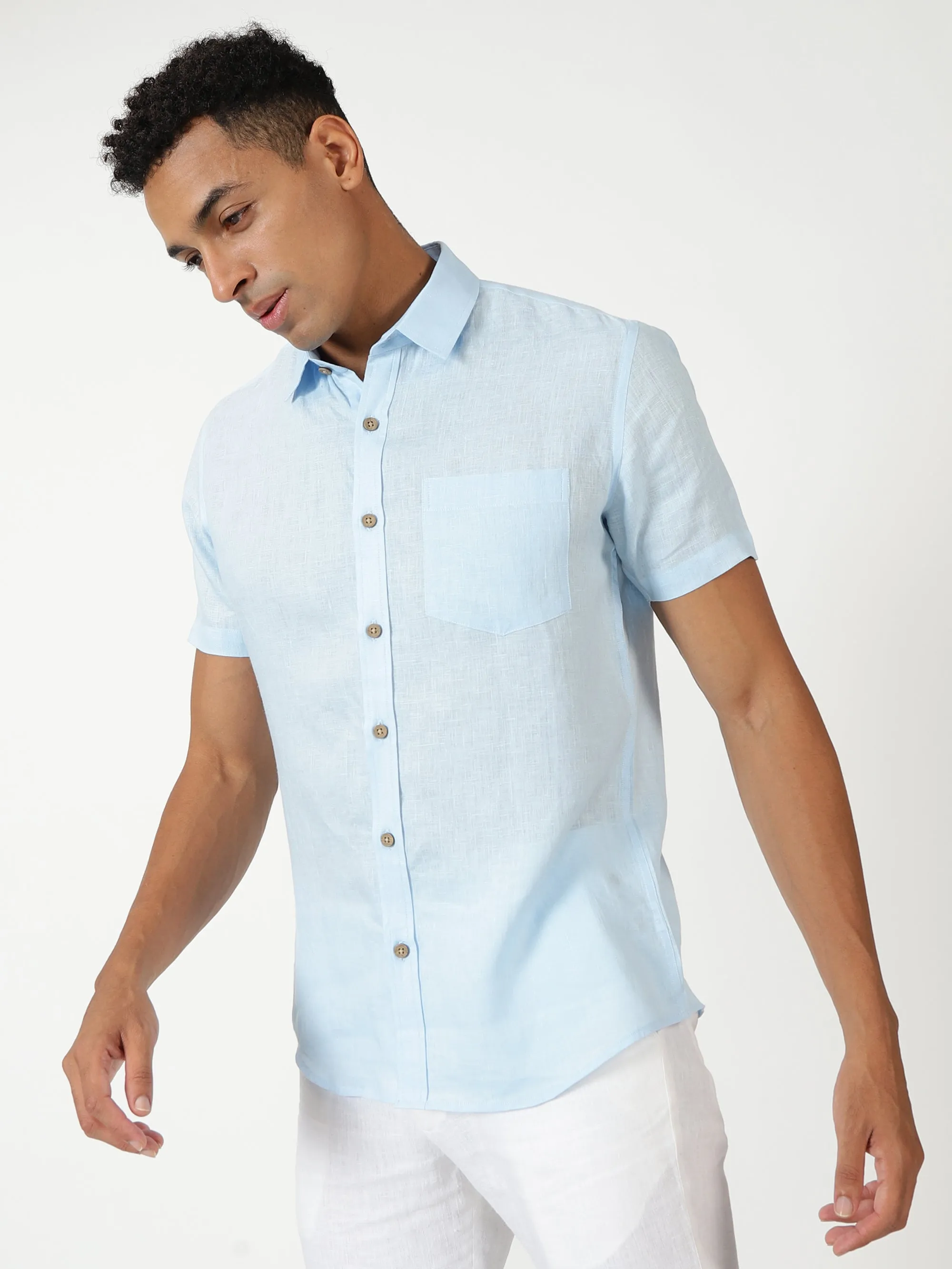 Harvey - Pure Linen Half Sleeve Shirt - Sky Blue (Factory Rescue)