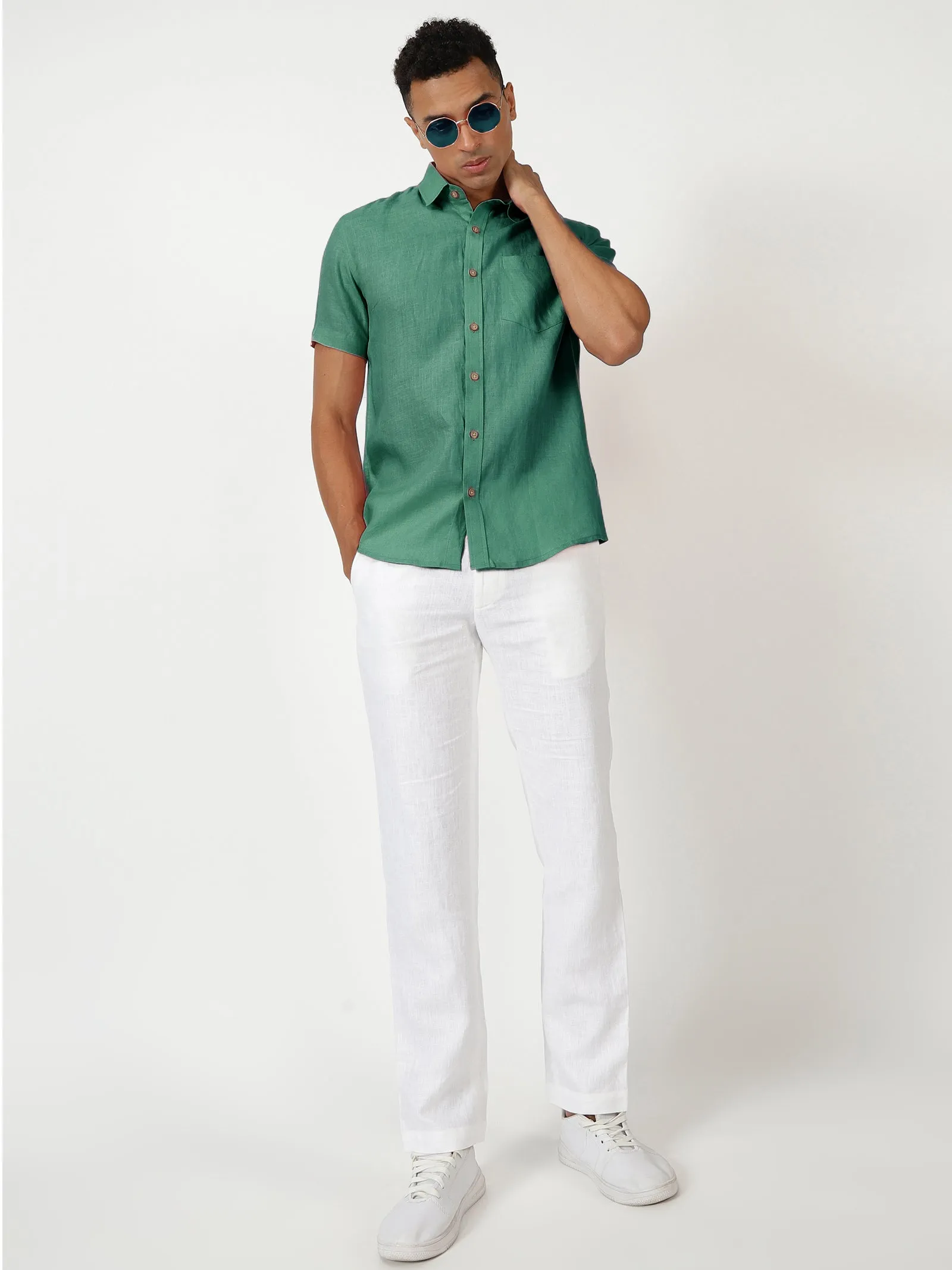 Harvey - Pure Linen Half Sleeve Shirt - Teal Green (Factory Rescue)