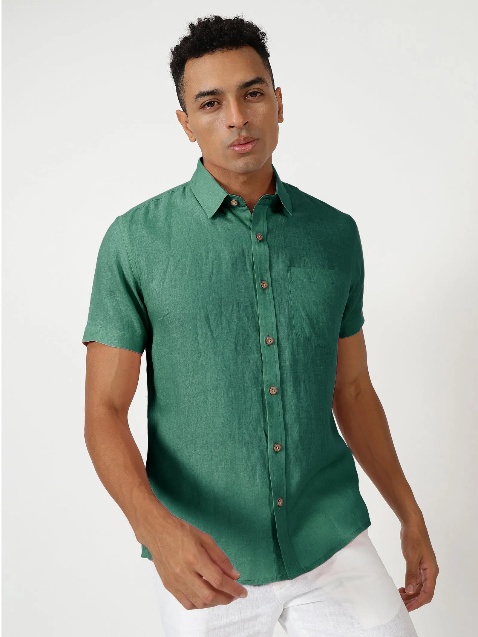 Harvey - Pure Linen Half Sleeve Shirt - Teal Green (Factory Rescue)