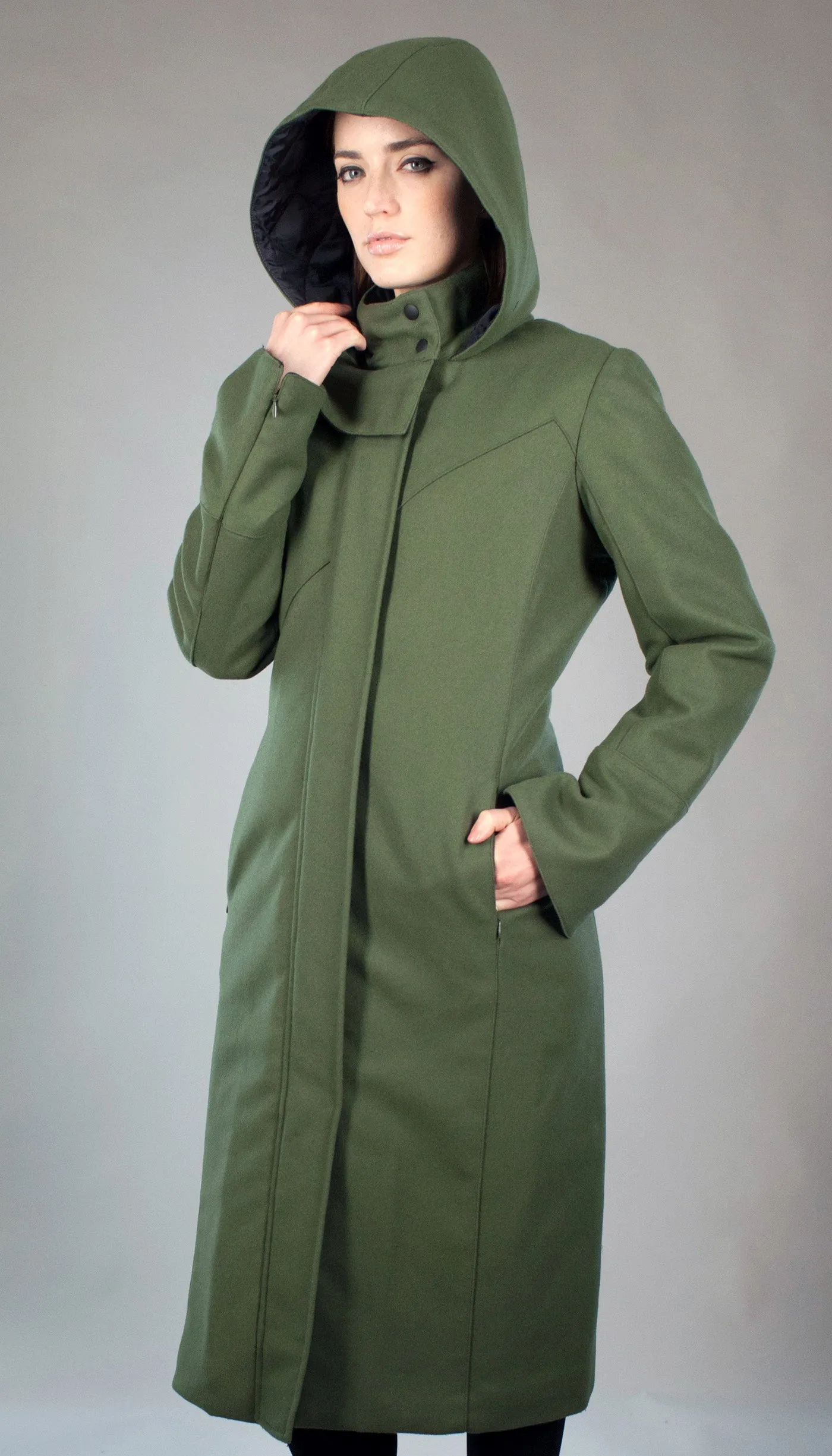 Hooded Mock Neck Zip Maxi Coat w/ Thinsulate Quilted Liner/ Olive Wool