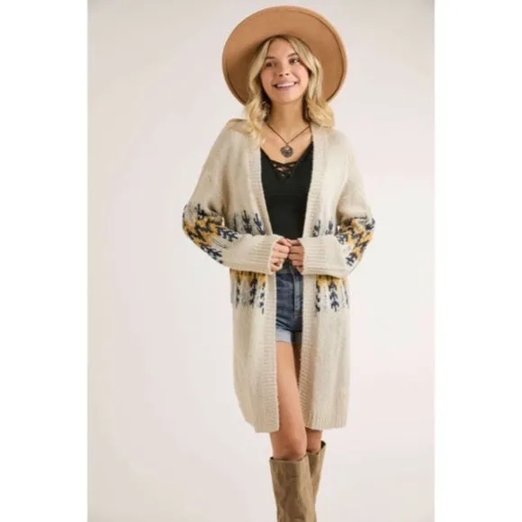 Ivory Mustard Tribal Pattern Puff Sleeve Knit Cardigan Sweater Fall Winter