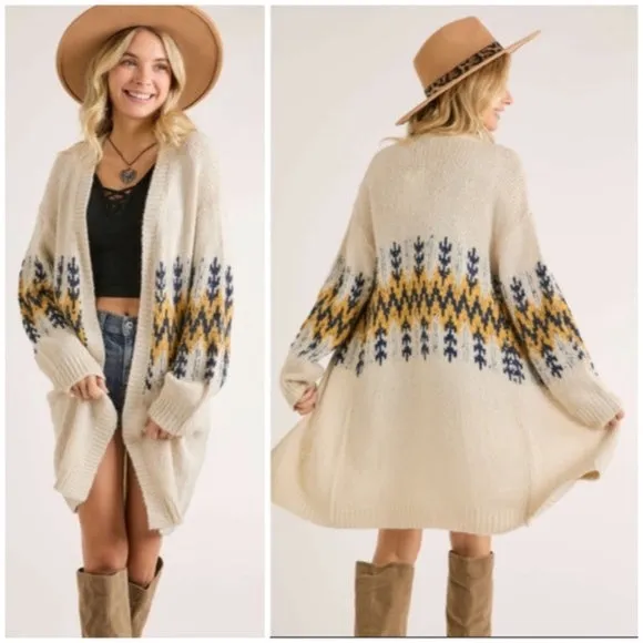 Ivory Mustard Tribal Pattern Puff Sleeve Knit Cardigan Sweater Fall Winter