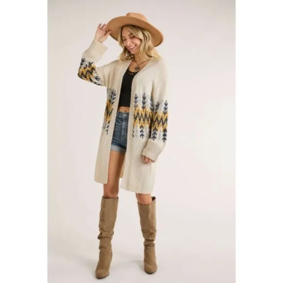 Ivory Mustard Tribal Pattern Puff Sleeve Knit Cardigan Sweater Fall Winter