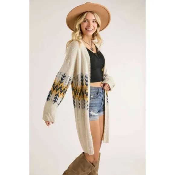 Ivory Mustard Tribal Pattern Puff Sleeve Knit Cardigan Sweater Fall Winter