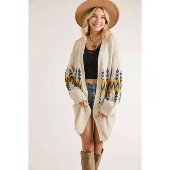 Ivory Mustard Tribal Pattern Puff Sleeve Knit Cardigan Sweater Fall Winter