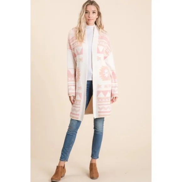 Ivory Pink Aztec Western Boho Print Blanket Cozy Knit Cardigan Sweater Women's