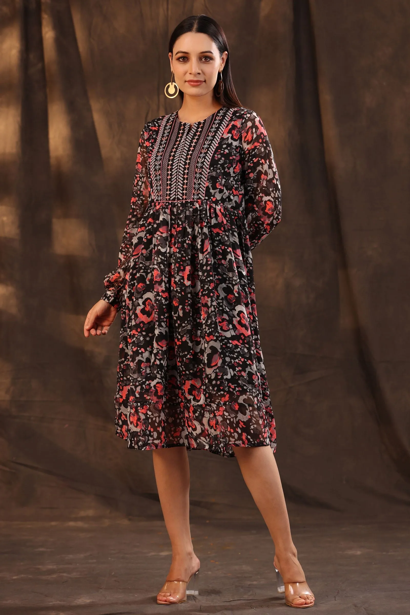 Juniper Black Chiffon Abstract Printed Flared Midi Dress.