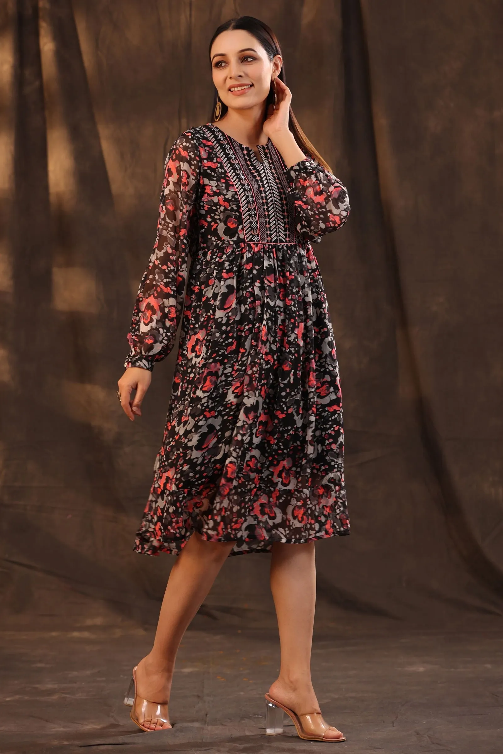 Juniper Black Chiffon Abstract Printed Flared Midi Dress.