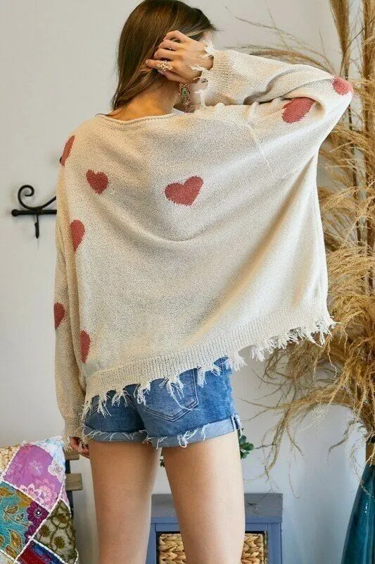 Khaki Mauve Heart Valentines Day Distressed Frayed Hem Relaxed Knit Sweater