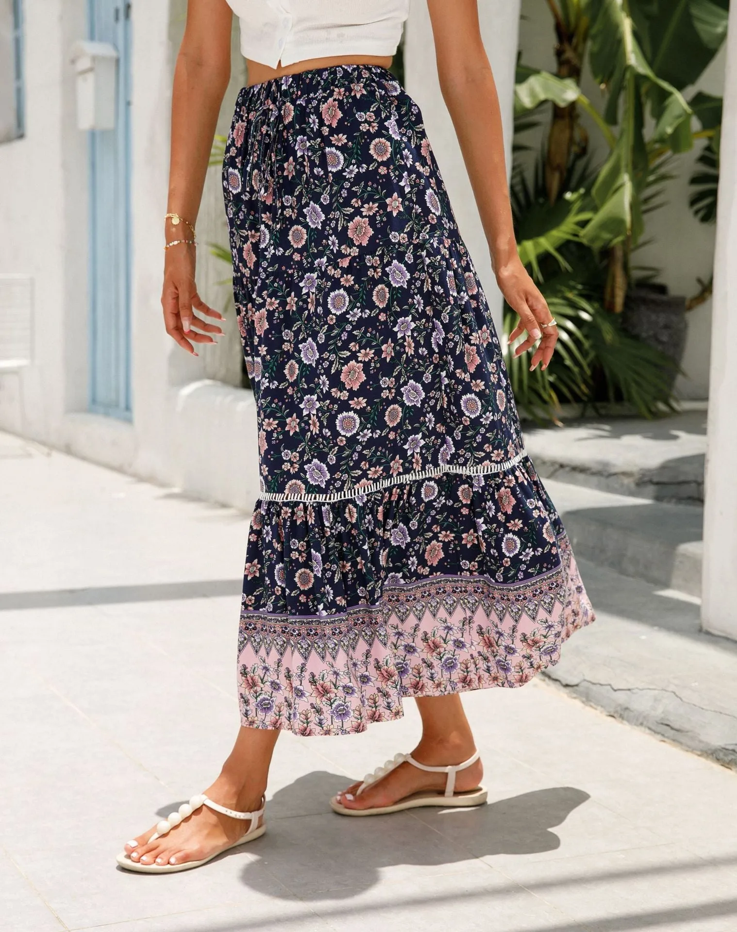 Lace-paneled maxi skirt man cotton bohemian beach resort-inspired skirt