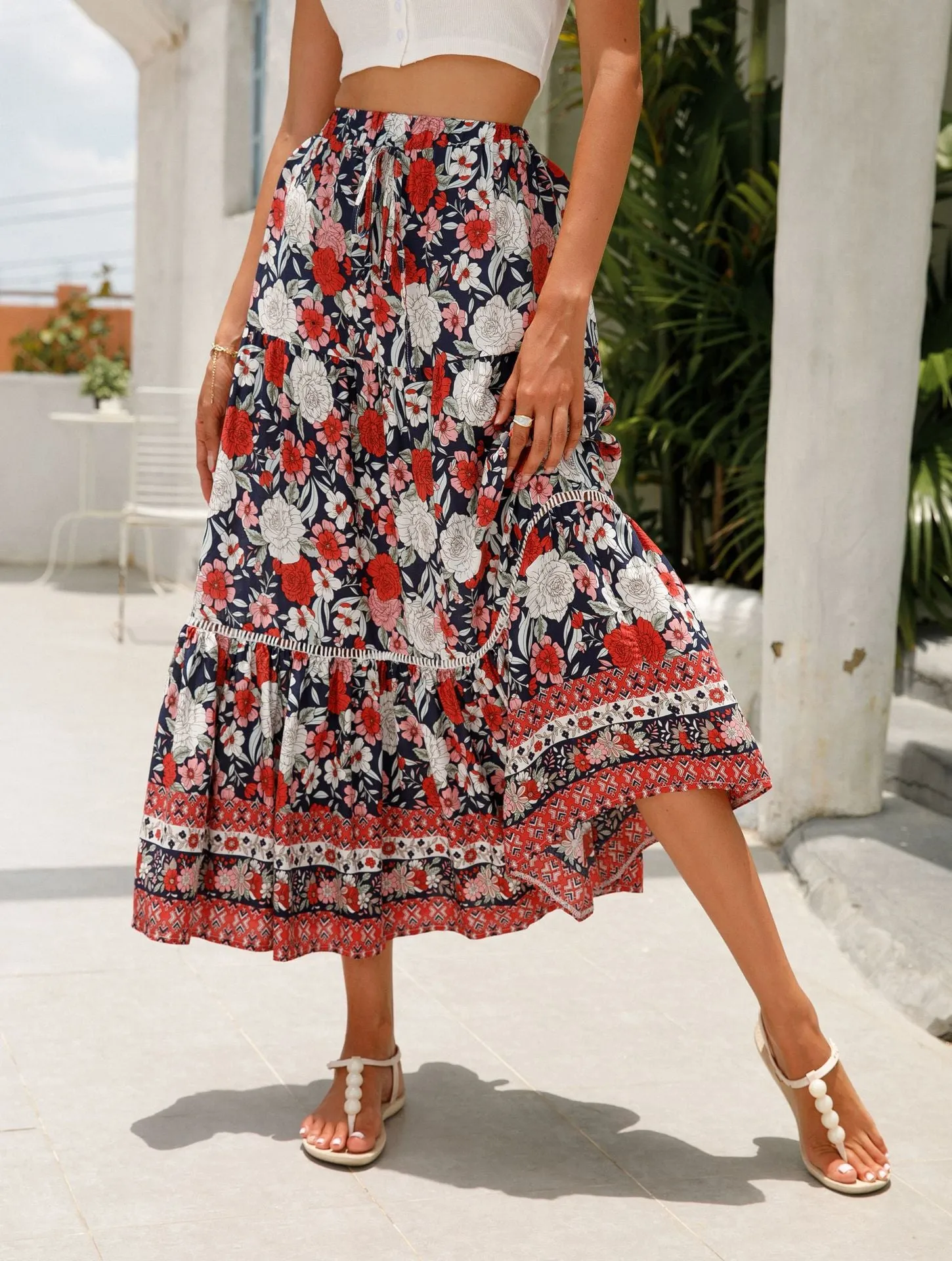 Lace-paneled maxi skirt man cotton bohemian beach resort-inspired skirt