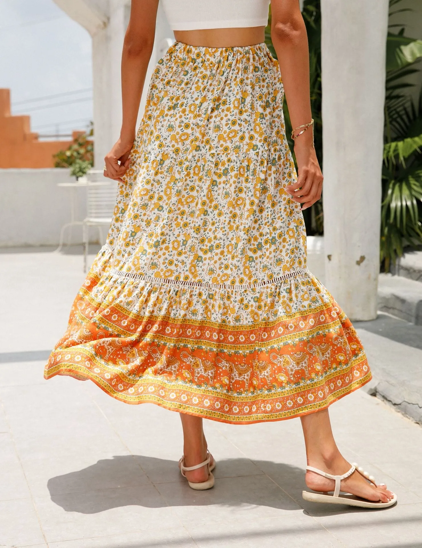 Lace-paneled maxi skirt man cotton bohemian beach resort-inspired skirt