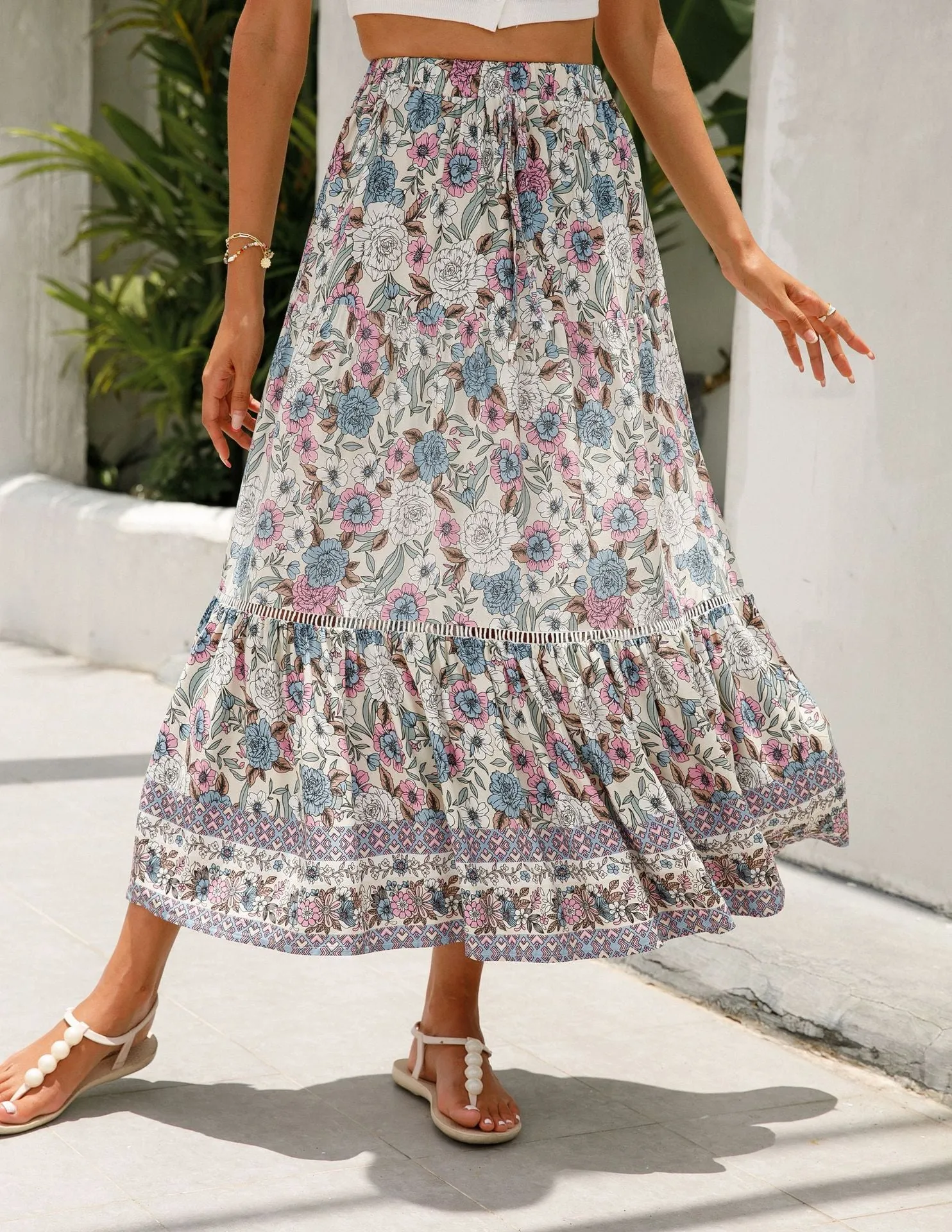 Lace-paneled maxi skirt man cotton bohemian beach resort-inspired skirt