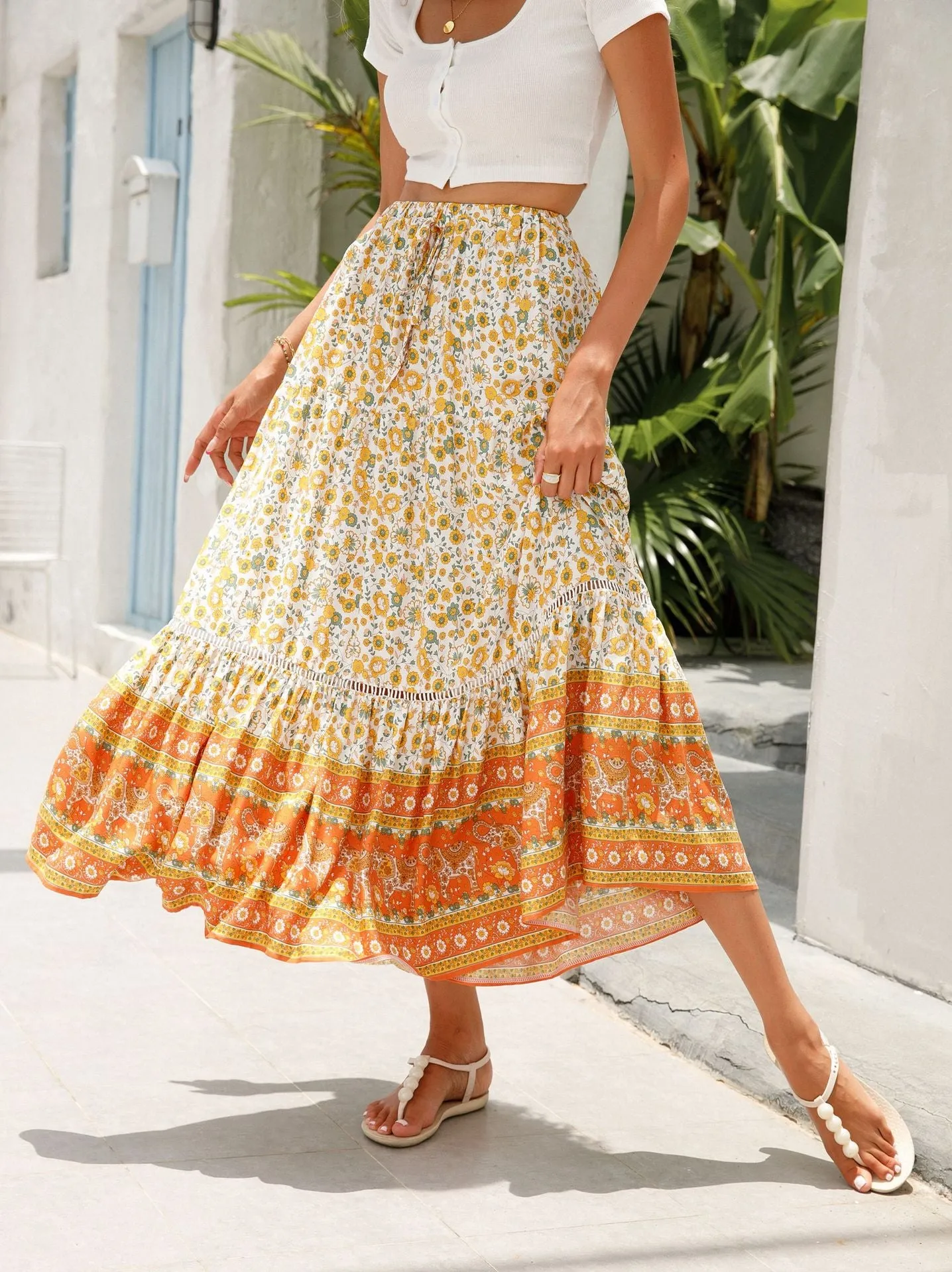 Lace-paneled maxi skirt man cotton bohemian beach resort-inspired skirt