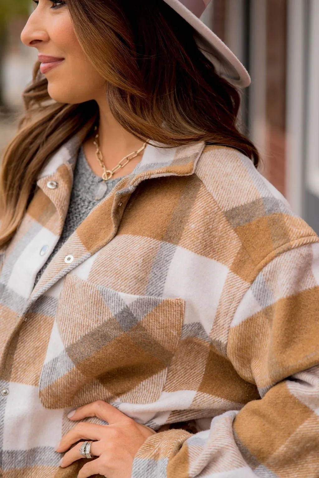 Large Plaid Print Neutral Shacket