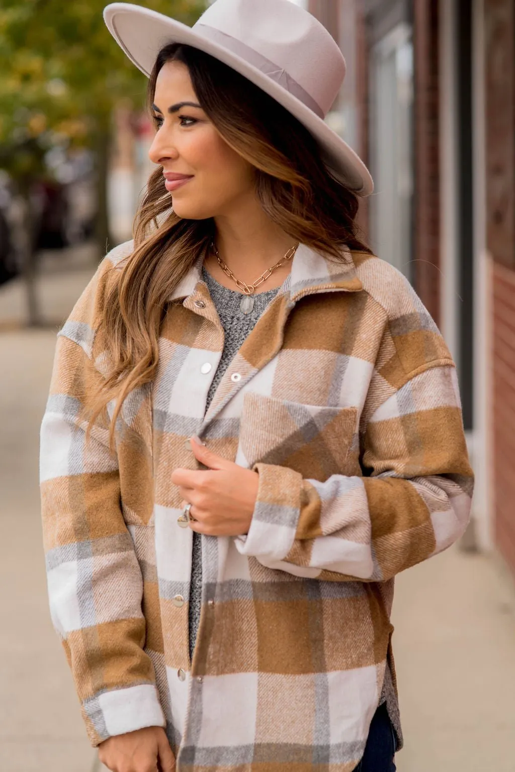 Large Plaid Print Neutral Shacket