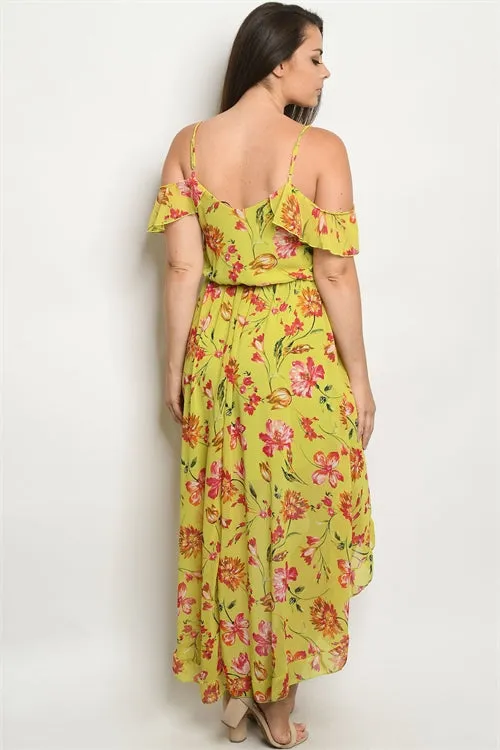 Lime Yellow Floral Cold Shoulder Plus Size Dress