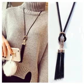 Long Black Chain and Tassel Statement Necklace