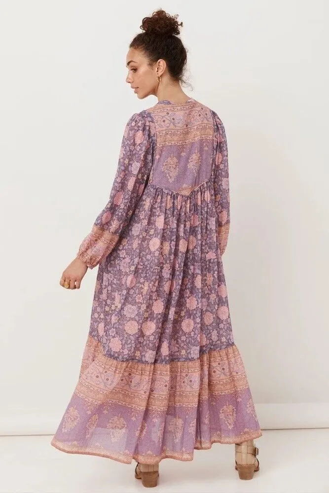 Love Story Maxi Dress Lavender Pink Floral Bohemian Long Peasant Sleeve Gown Double Tie Front Flared Skirt Available In Small Medium Or Large