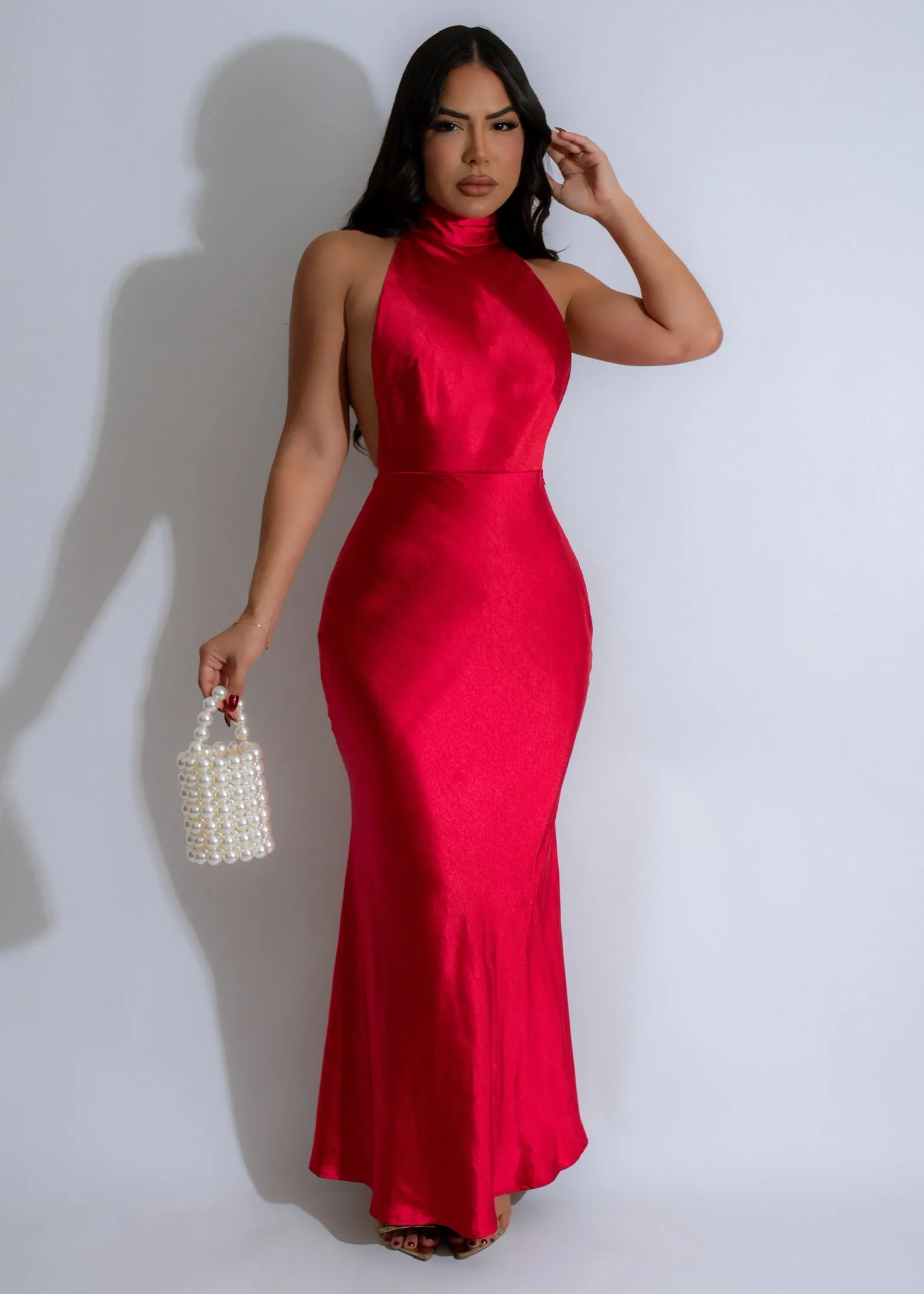 Luminous Drift Pearl Satin Maxi Dress Red