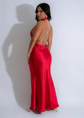 Luminous Drift Pearl Satin Maxi Dress Red