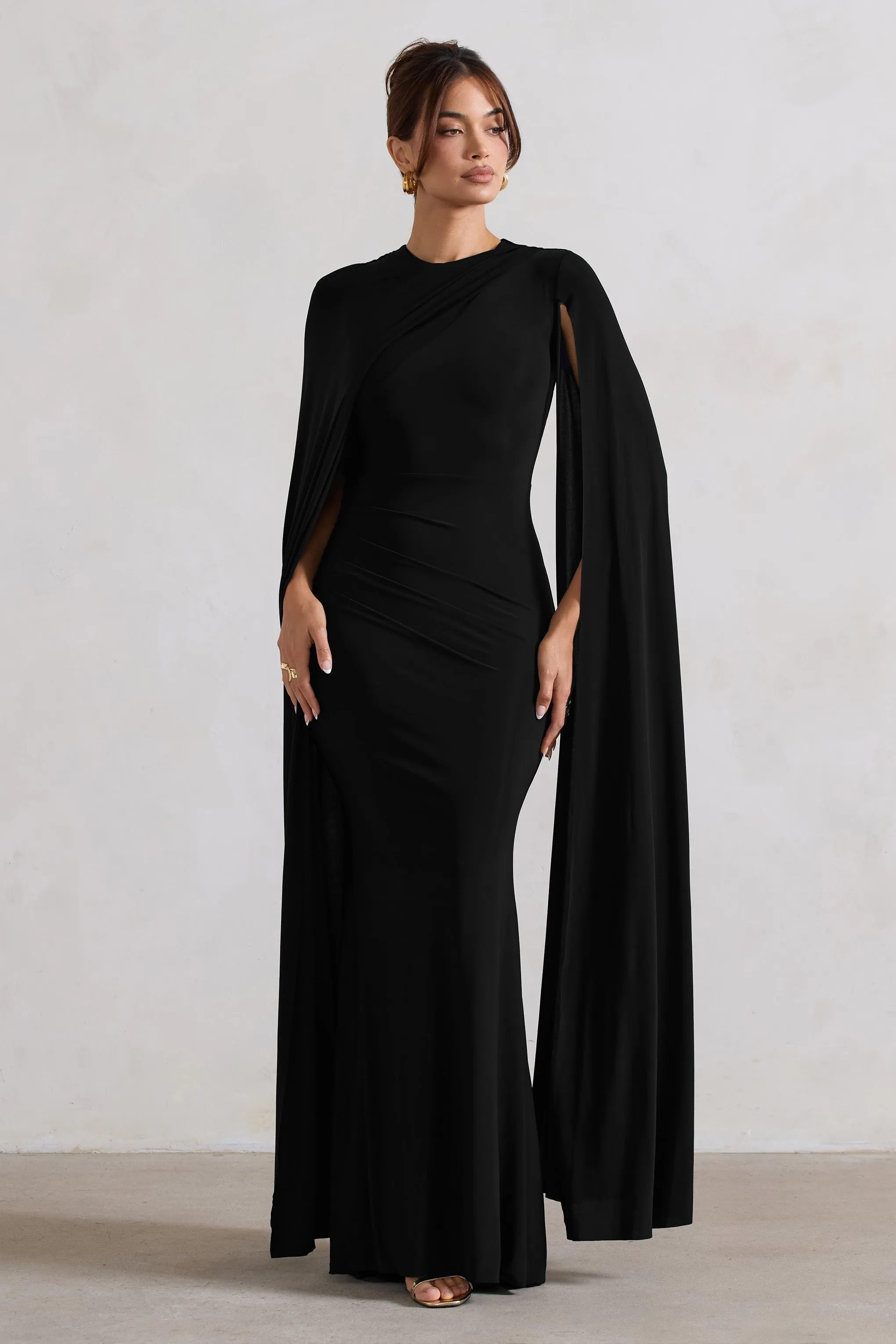 Magdelena | Black Asymmetric Cape Maxi Dress