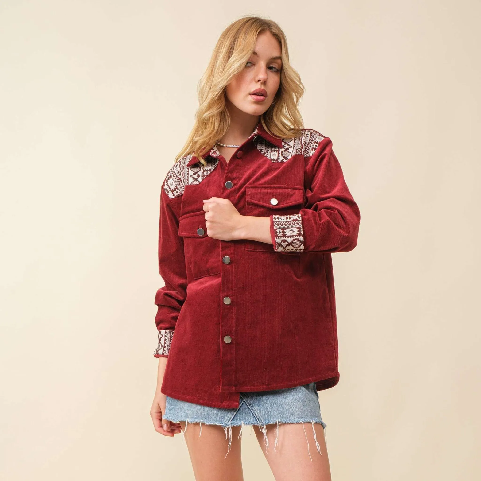 Main Strip Women's Maroon Aztec Corduroy Shacket