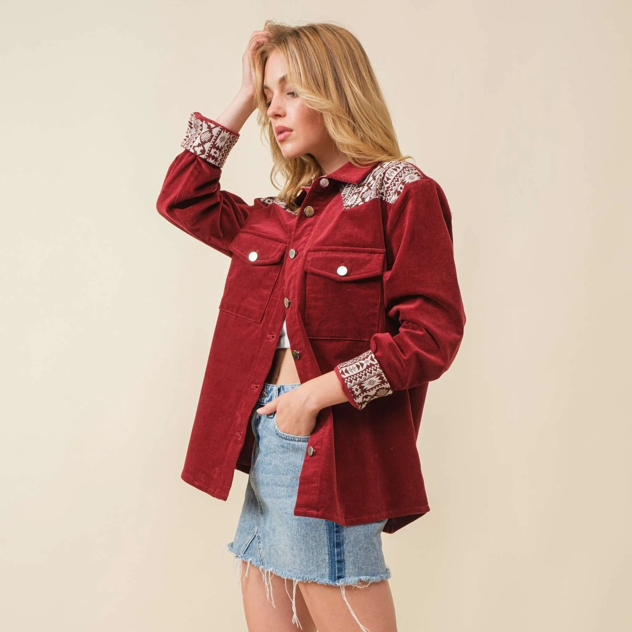 Main Strip Women's Maroon Aztec Corduroy Shacket