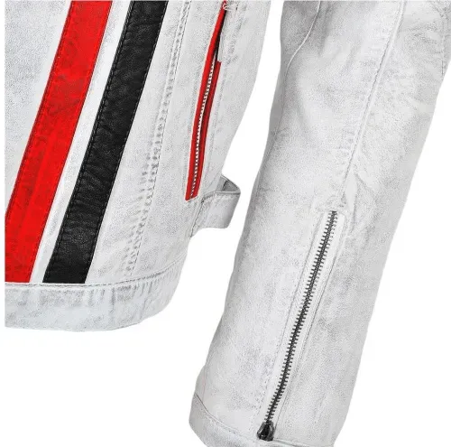 Mens Biker Style White Leather Motorcycle Jacket