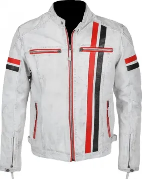 Mens Biker Style White Leather Motorcycle Jacket