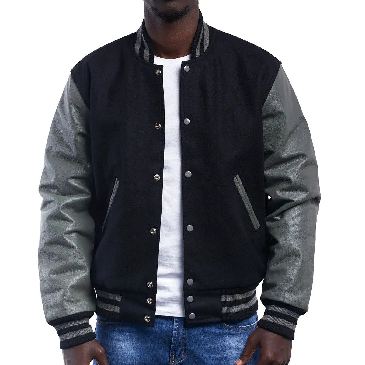 Mens Black And Grey Leather Varsity Jacket