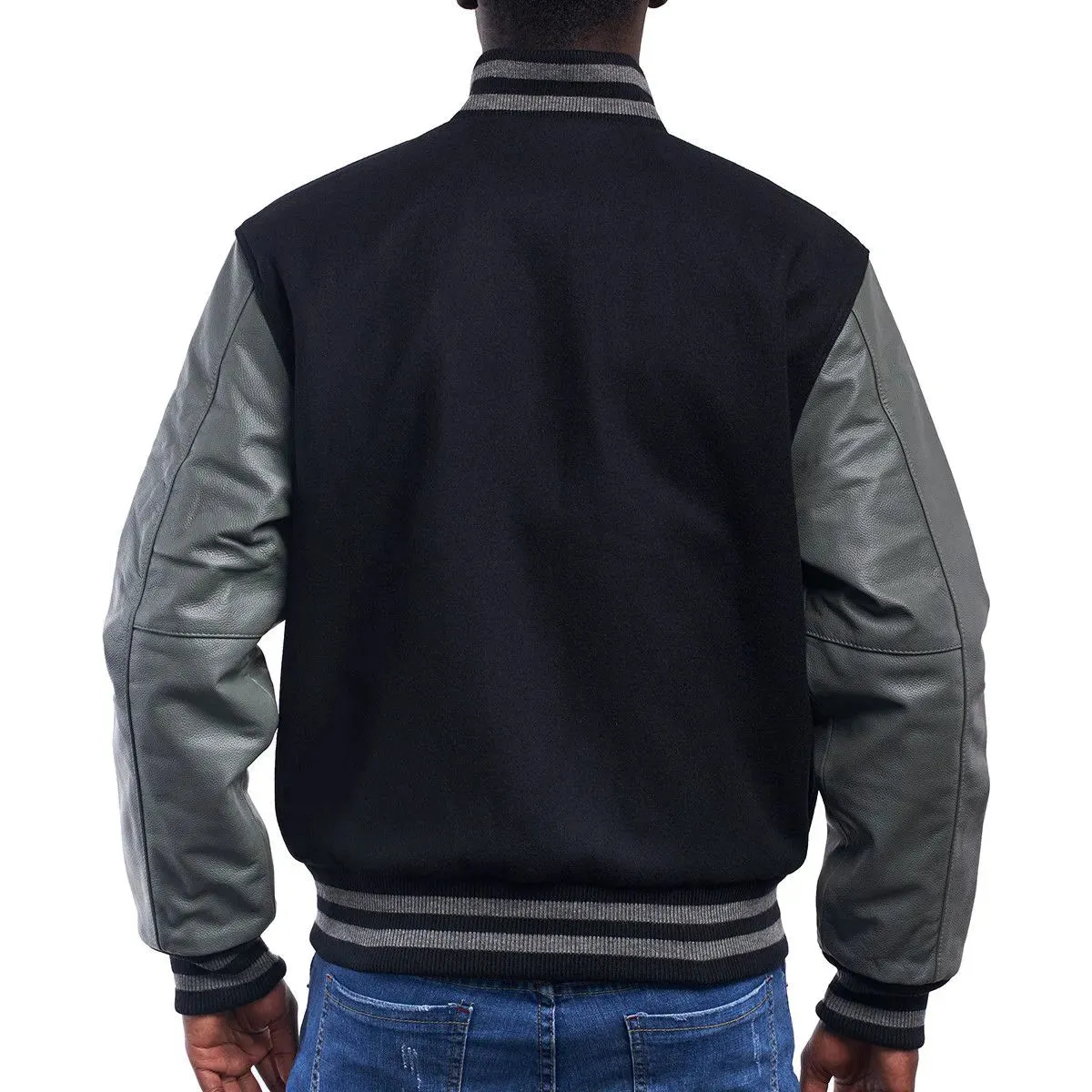 Mens Black And Grey Leather Varsity Jacket