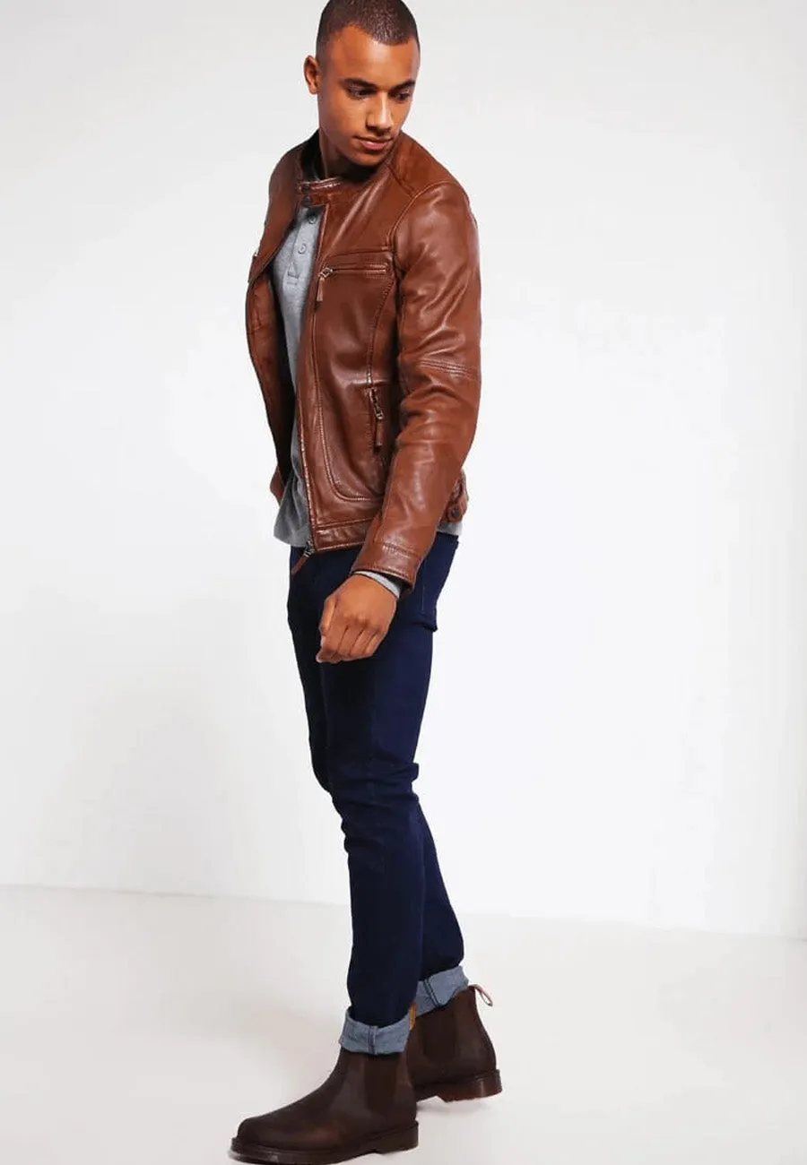 Men's Brown Leather Crew Neck Jacket