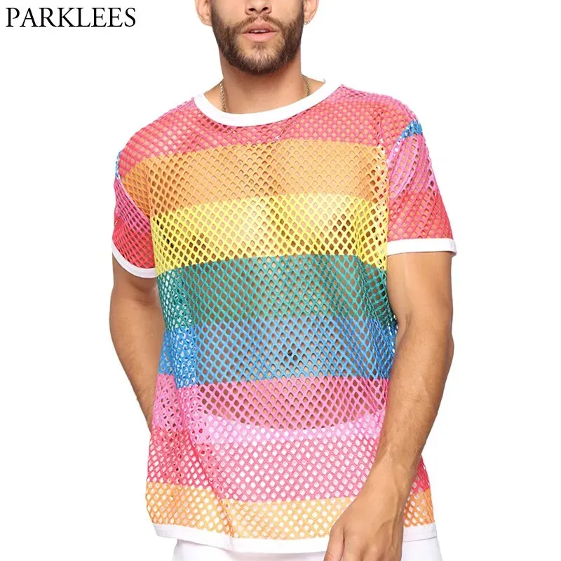 Men's Rainbow Mesh See through Fishnet T Shirt