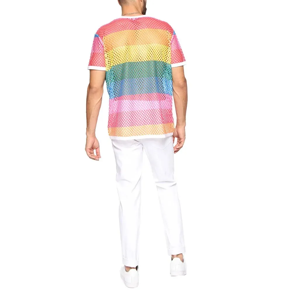 Men's Rainbow Mesh See through Fishnet T Shirt