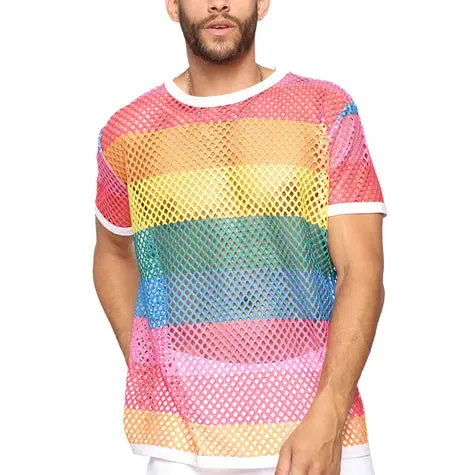 Men's Rainbow Mesh See through Fishnet T Shirt