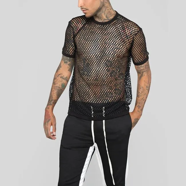 Men's Rainbow Mesh See through Fishnet T Shirt