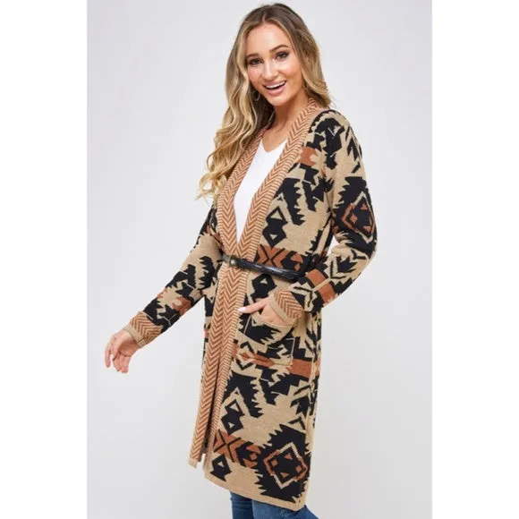 Mocha Aztec Western Boho Belted Cardigan Sweater Coatigan Knit Casual Womens