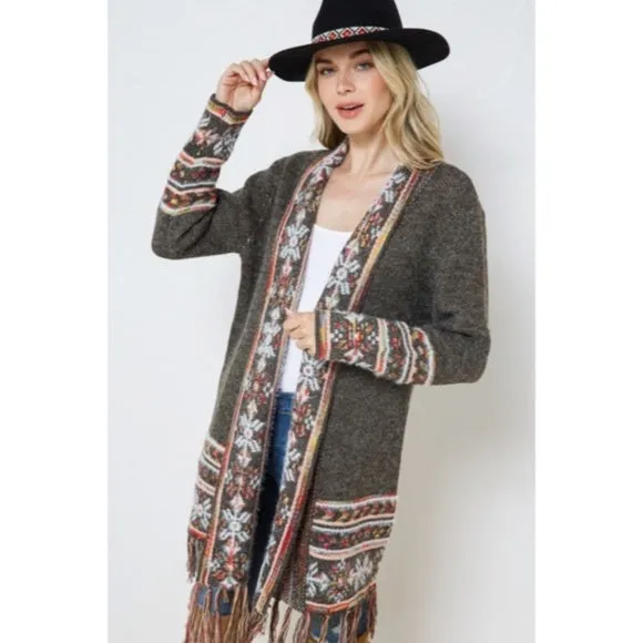 Moss Olive Snowflake Marled Native Western Aztec Open Knit Cardigan Sweater