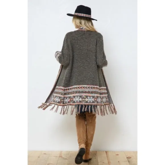 Moss Olive Snowflake Marled Native Western Aztec Open Knit Cardigan Sweater