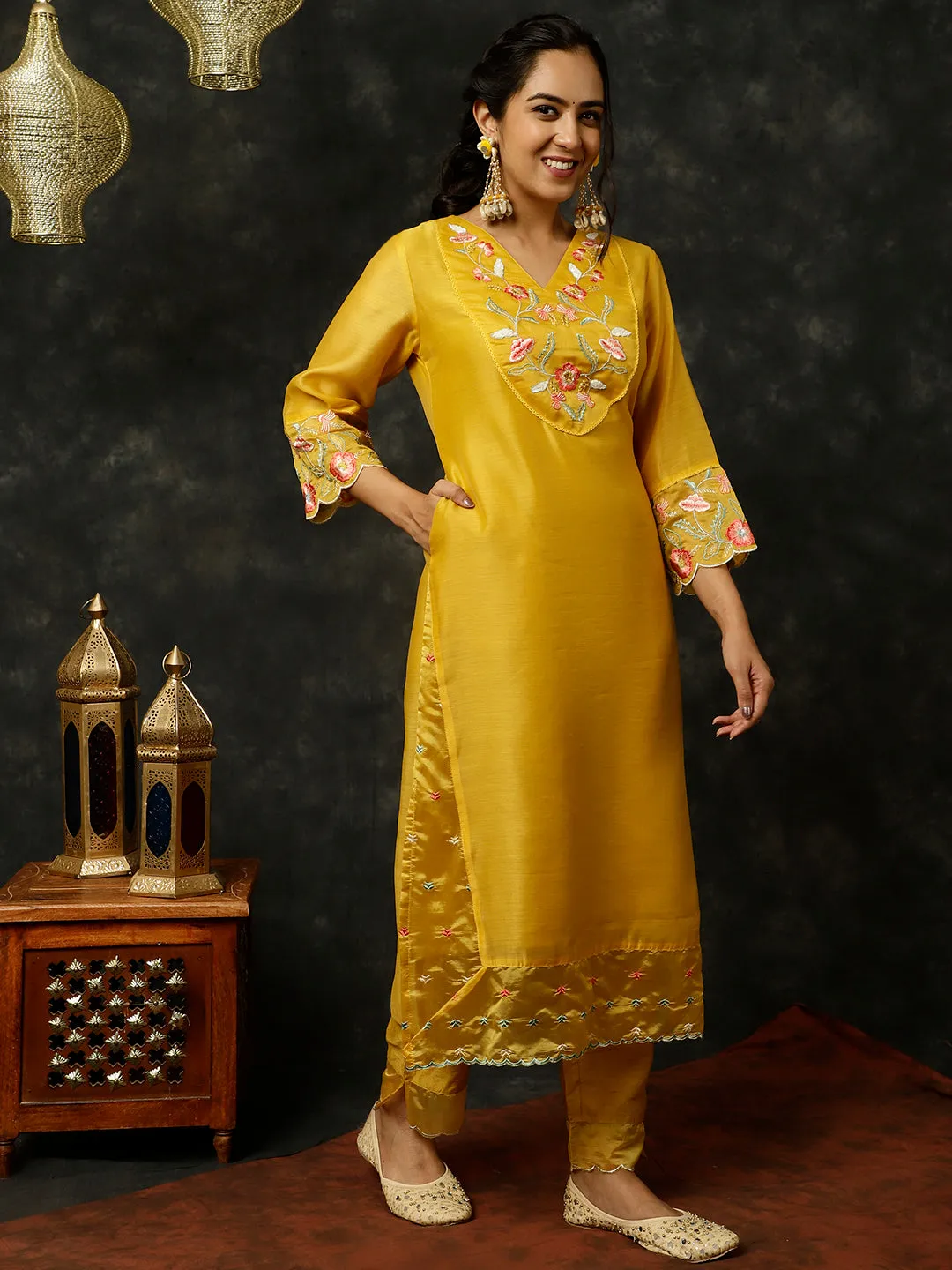 Mustard Aari Work Straight Kurta With Pants And Dupatta