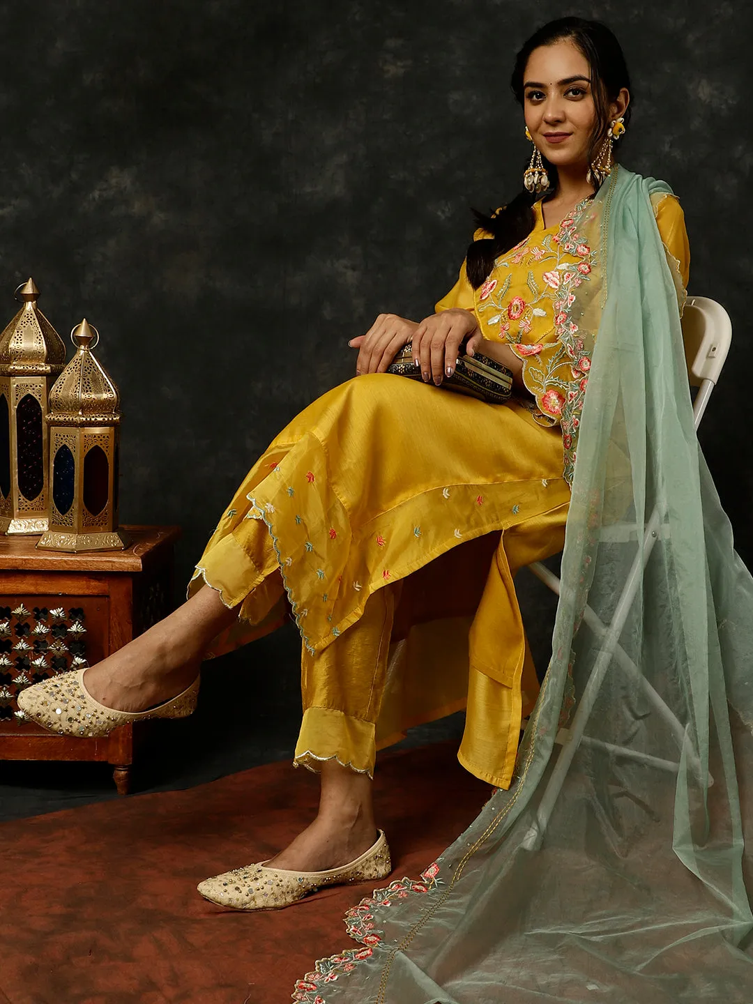 Mustard Aari Work Straight Kurta With Pants And Dupatta