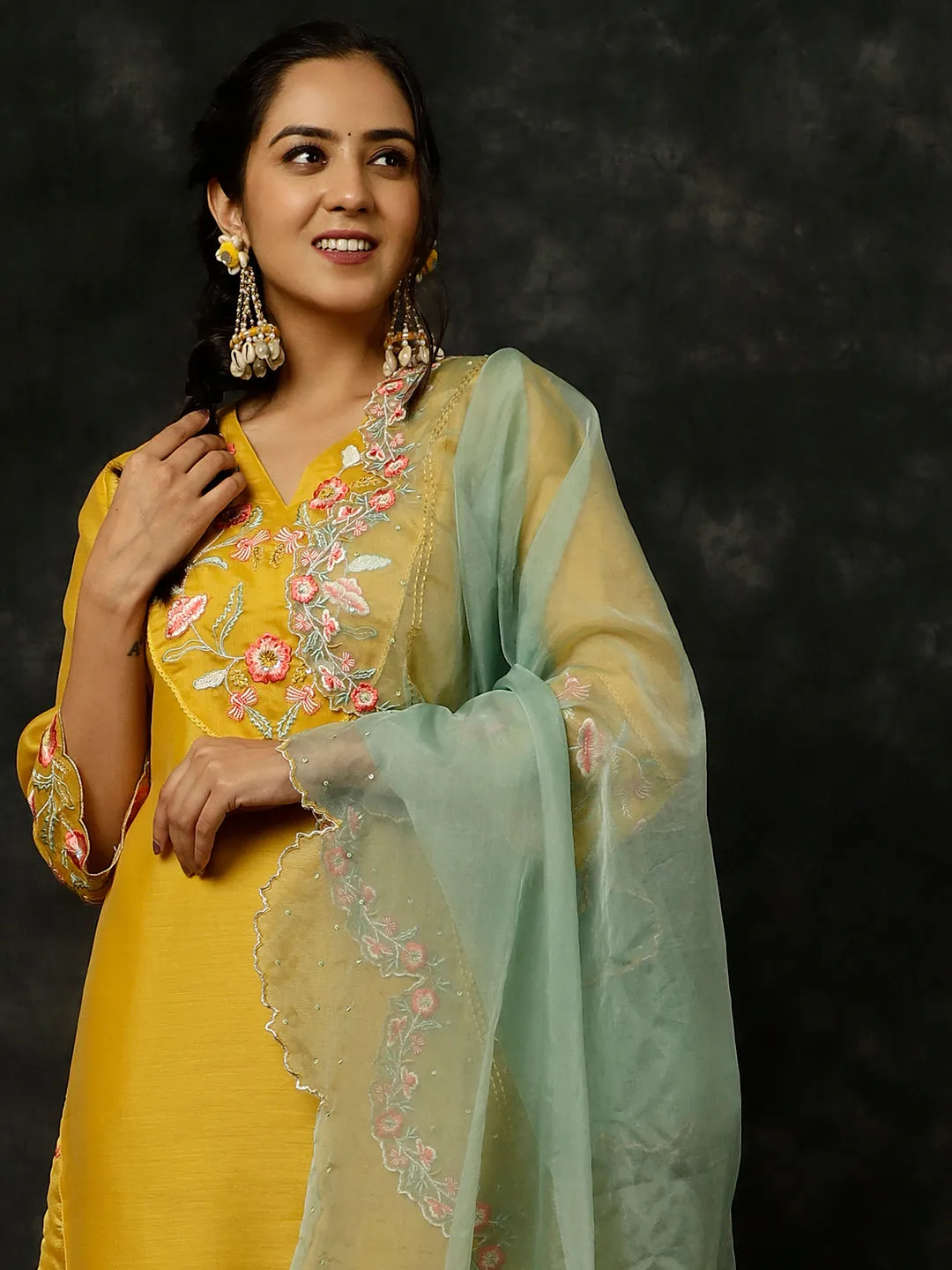 Mustard Aari Work Straight Kurta With Pants And Dupatta