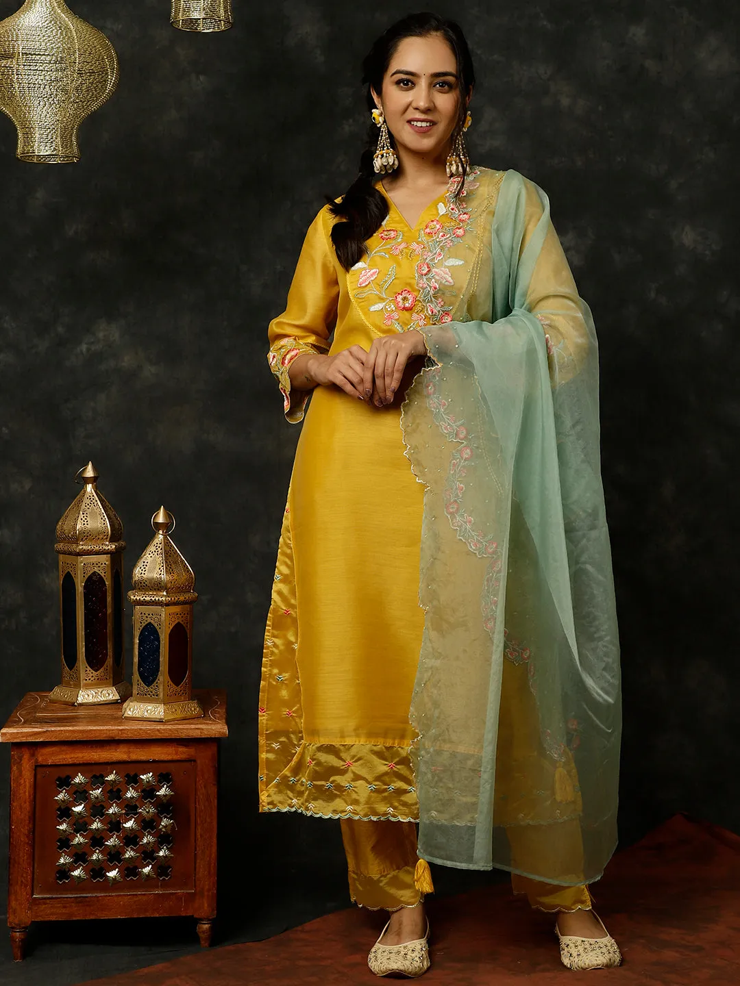 Mustard Aari Work Straight Kurta With Pants And Dupatta